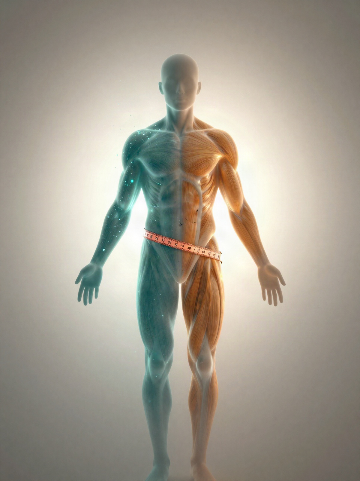 Абстрактный силуэт тела с визуализацией снижения жировой массы и сохранения мышечной, с мерной лентой